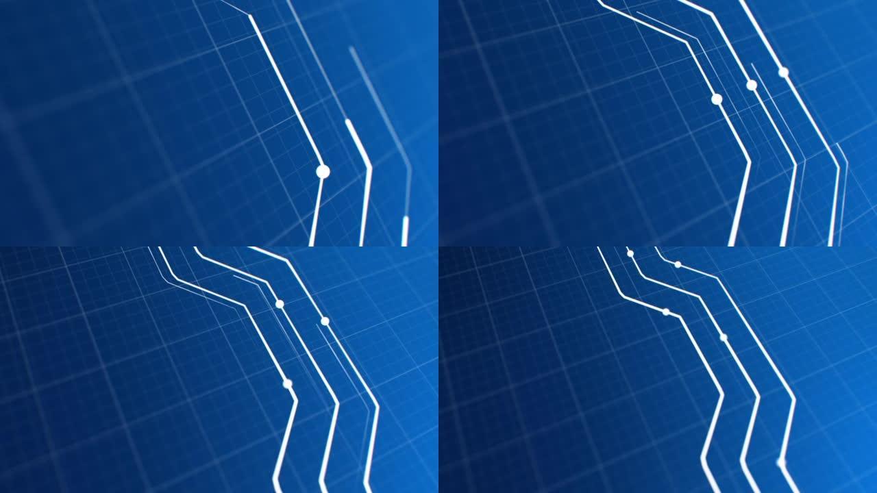 微电子工程三维动画的抽象方案。在蓝图背景上绘制电子线条和运行点。电路板跟踪特写技术概念