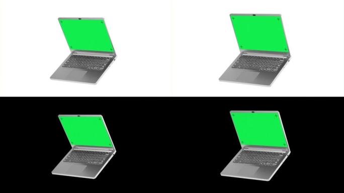 白色背景上绿色屏幕的银色笔记本电脑