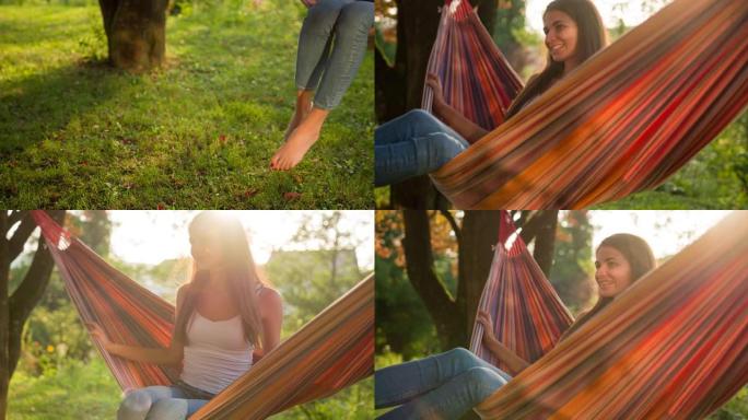 开朗的年轻女子在后院树下的吊床上摇摆