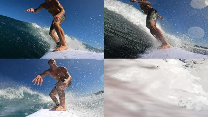 极端冲浪者冲浪蓝色海浪的观点