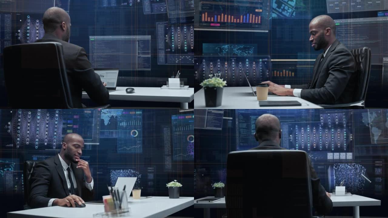 具有动画虚拟背景的办公室经理: 商人坐在笔记本电脑上的办公桌前。从事大数据金融分析工作的人。360度