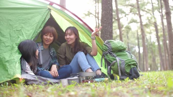 一群朋友在松树露营地的户外露营中享受帐篷