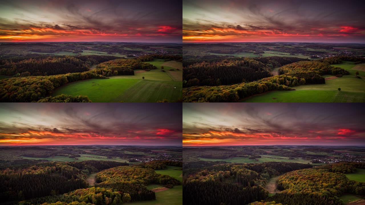 空中: 日落时德国艾菲尔山脉的乡村景观