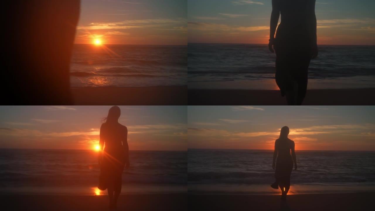日落时，女人在海滩上散步的复古造型