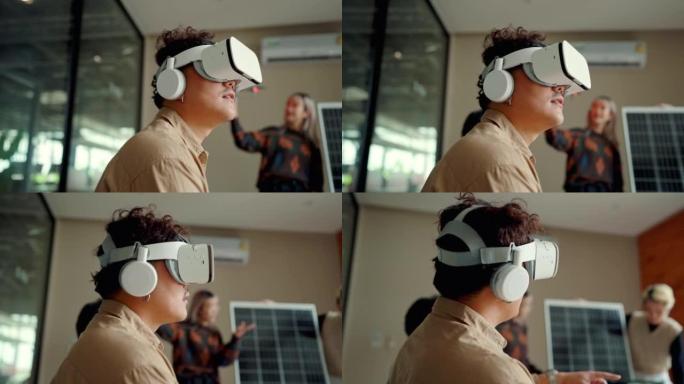 戴虚拟现实眼镜的亚洲未来派男子工程师。