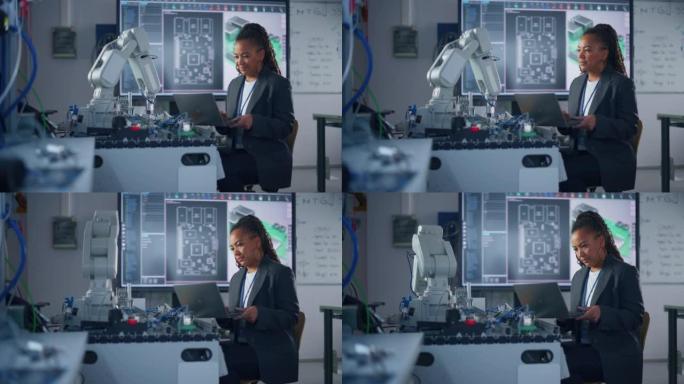 黑色开发人员与笔记本电脑一起工作，为机器人手臂编写代码。计算机科学研究实验室，专家在工作。高科技科学