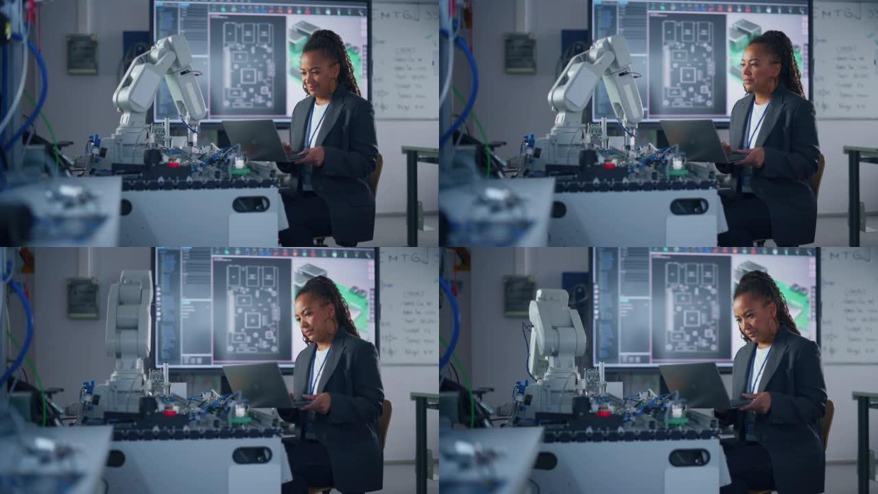 黑色开发人员与笔记本电脑一起工作，为机器人手臂编写代码。计算机科学研究实验室，专家在工作。高科技科学