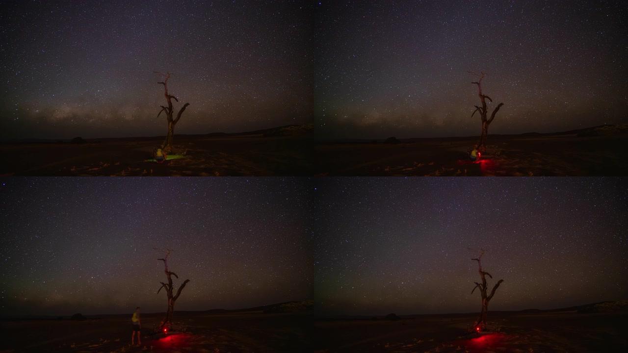 WS延时摄影师在繁星点点的夜空下设置相机，纳米比亚，非洲