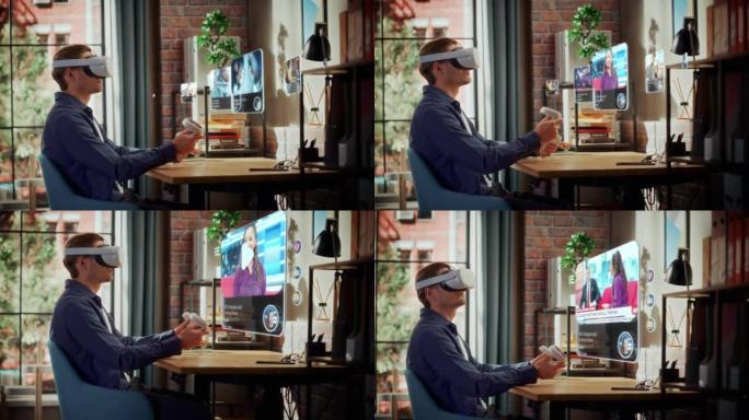 年轻人坐在家里的阁楼客厅，使用带控制器的虚拟现实耳机检查社交媒体流媒体应用程序。男性选择观看突发新闻