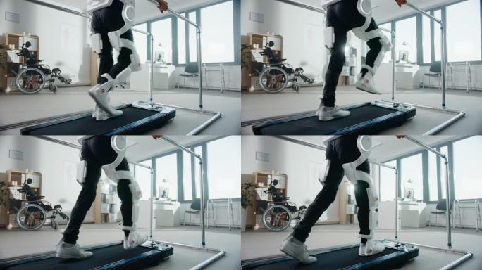 现代医院物理治疗: 受伤的患者穿着先进的机器人外骨骼腿行走。理疗康复技术使残疾人再次行走。专注于腿