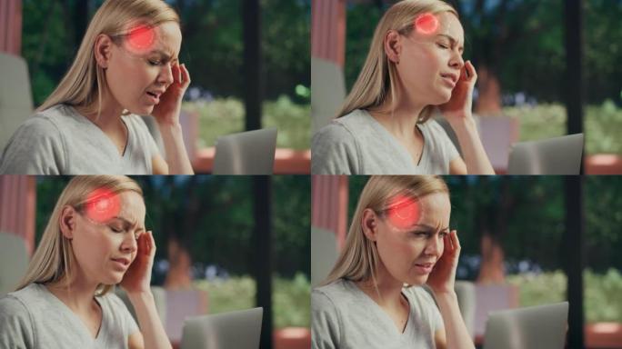 VFX头痛动画: 特写一名女性在笔记本电脑上工作，经历不适和偏头痛。增强现实数字图形显示出突然的严重