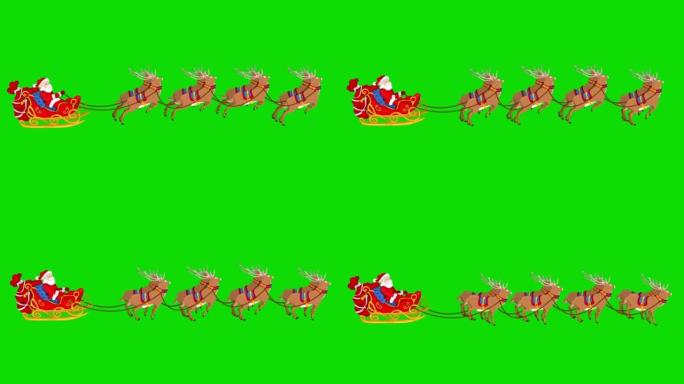 圣诞老人和他的驯鹿在绿屏上。新年快乐的概念，礼品盒，月亮，问候，动物雪橇，鹿，节日，贺卡，人物动画，