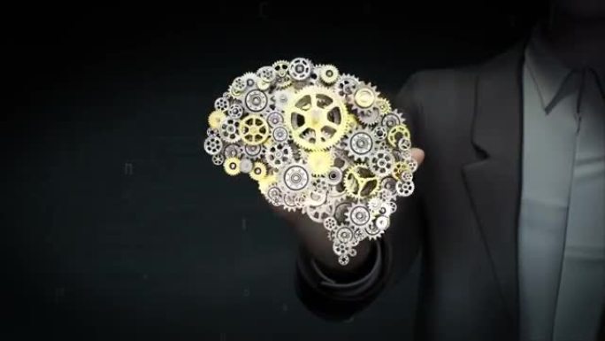 商人触屏，钢金色齿轮使人脑成形。人类人工智能。4k动画。
