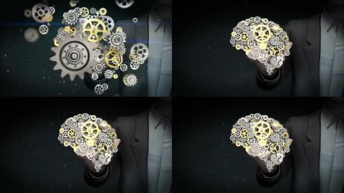 商人触屏，钢金色齿轮使人脑成形。人类人工智能。4k动画。