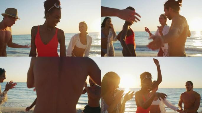 穿着泳衣的年轻多种族无忧无虑的朋友的慢动作正在享受乐趣，并在日落时分与大海的海滩上一起享受暑假。