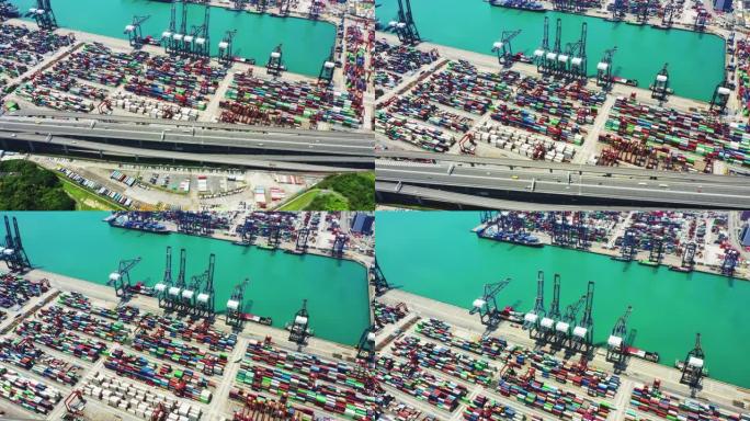 中国香港工贸署货柜码头货柜。俯视图无人机