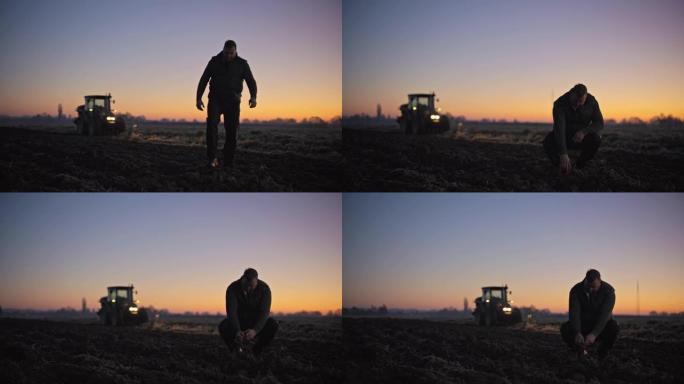 农民在日出时在农村田间行走和检查土壤