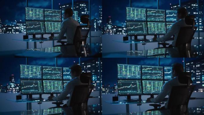 金融分析师在计算机上工作，该计算机具有实时股票，商品和外汇图表的多显示器工作站。商人晚上在投资银行城