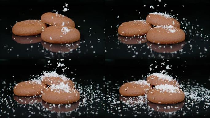 宏观，dop: 磨碎的椰子肉片洒在可可饼干上。