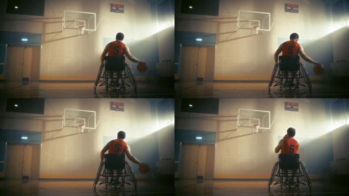 轮椅篮球比赛: 球员穿着红衫运球，射门成功，错过了篮筐。残疾胜利者的决心、灵感、动机