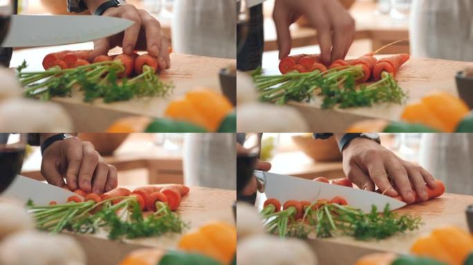手，厨师或人在家里用菜刀在船上切胡萝卜，作为素食，沙拉或食物。蔬菜，素食主义者和烹饪健康的蔬菜营养饮