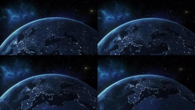 从太空看地球。欧洲城市夜间照明。从轨道卫星上可以看到美丽的地球。世界技术和商业概念。