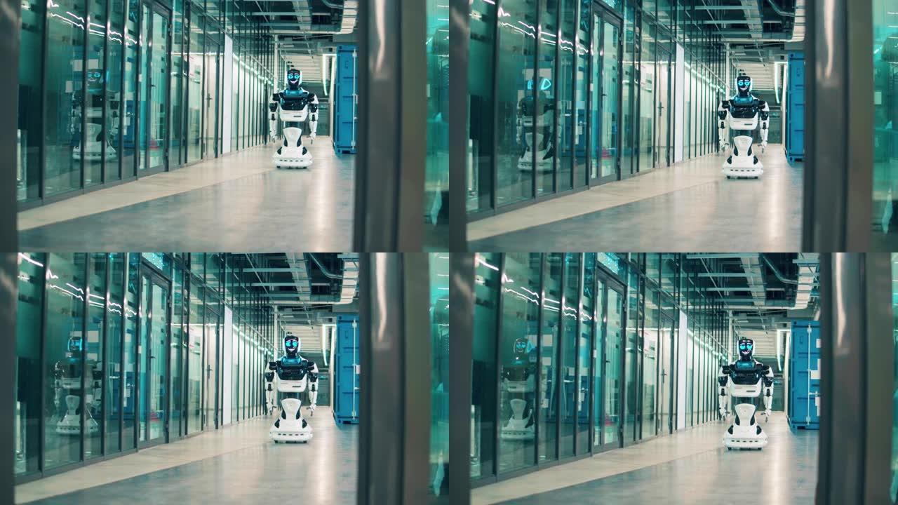 机器人正沿着办公室大厅骑行