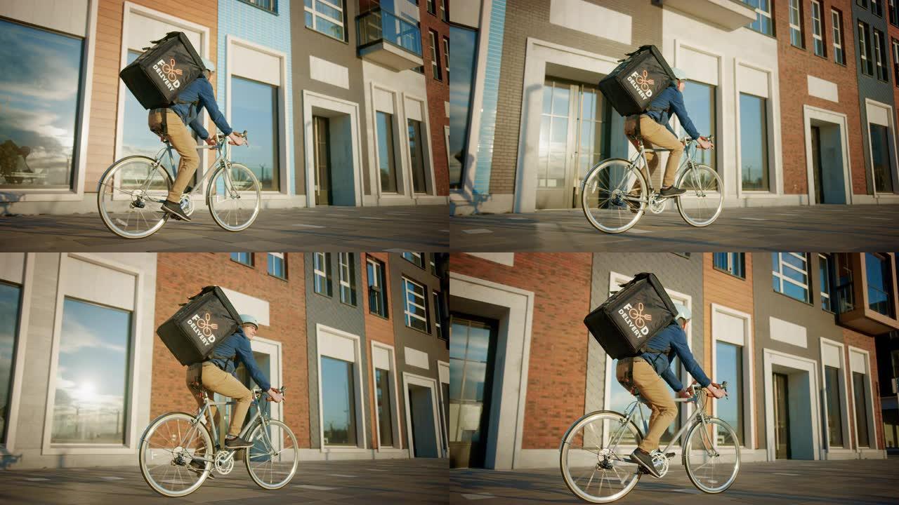快乐食品配送快递员穿着保暖背包骑着自行车在路上为客户配送订单和包裹。城市里阳光明媚的日子，有时尚的城