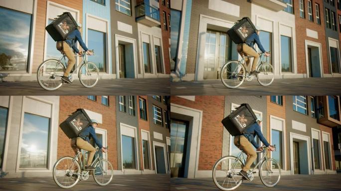 快乐食品配送快递员穿着保暖背包骑着自行车在路上为客户配送订单和包裹。城市里阳光明媚的日子，有时尚的城
