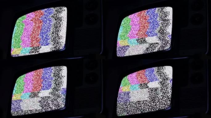 屏幕上有噪音和彩条的旧20世纪80年代电视。蓝色暗调。