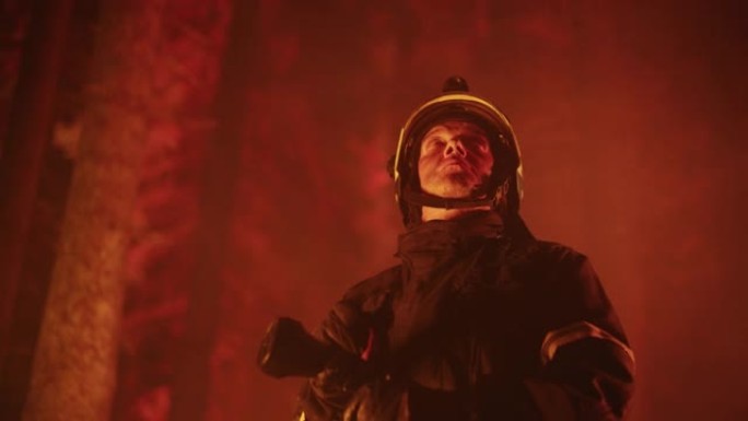 经验丰富的消防员扑灭了树林深处的荒地大火。专业安全制服和手持消防水带的头盔，抬头，假设并计算风向。