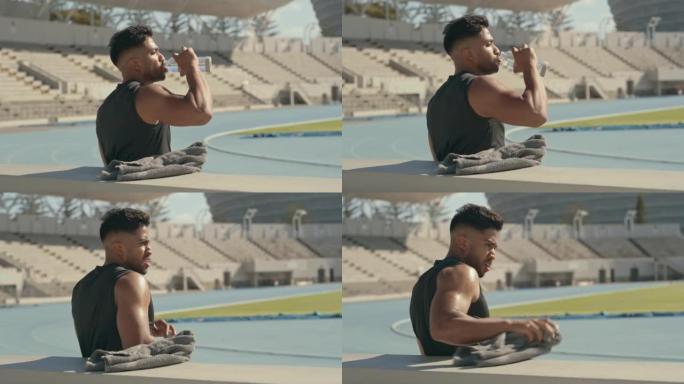 一名男运动员外出训练时喝水的4k录像