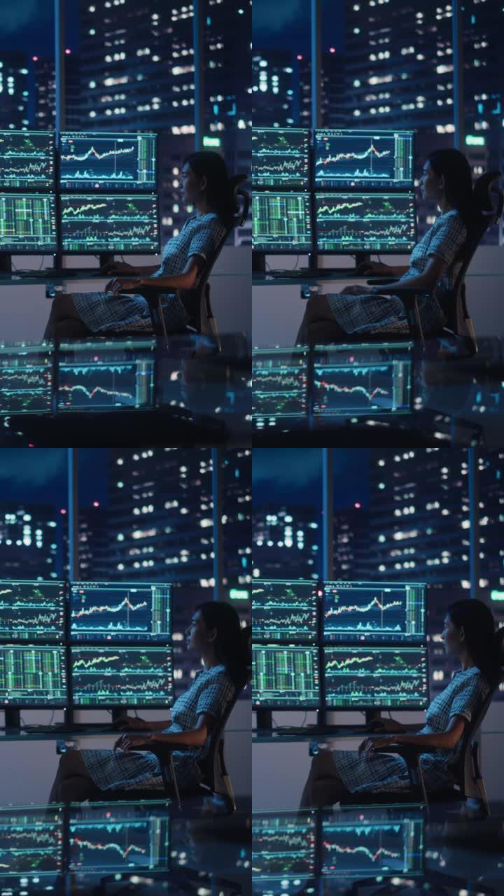 财务分析师的垂直肖像，在计算机上工作，具有实时股票，商品和交易所市场图表的多显示器工作站。在投资机构