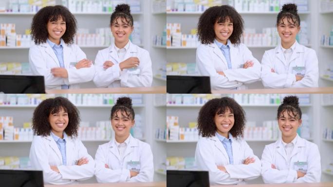 两名自豪而自信的药剂师的肖像，双臂交叉在药房分发非处方药物。快乐的积极进取的医护人员在卖药时微笑