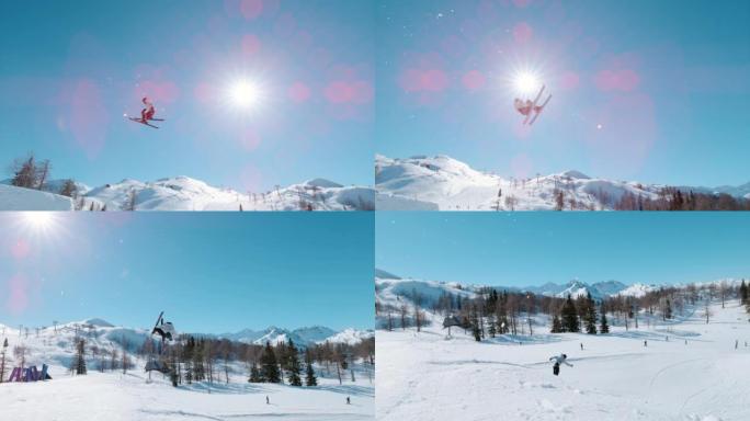 慢动作: 自由式滑雪者在雪地公园跳高后飞得很高