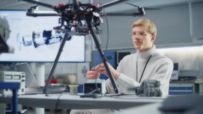 年轻的白人男性工程师在实验室设计无人机时将处理器放入无人机中。无人机设计理念的突破。肖像视图