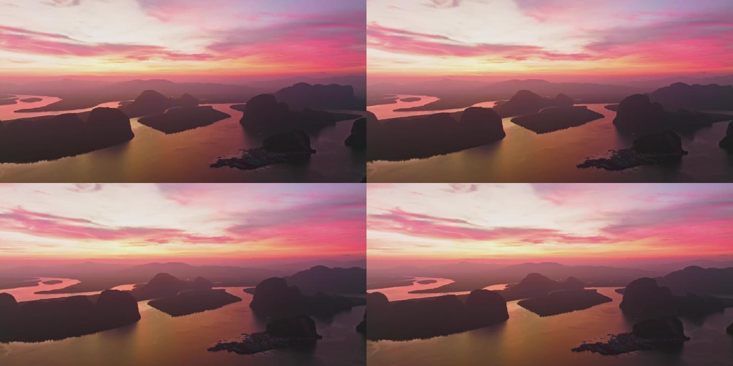 泰国甲米日落时的攀牙湾与山脉的鸟瞰图。