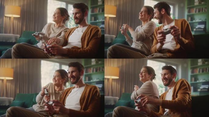 幸福的夫妇坐在沙发上玩电子游戏，使用控制器。恋爱中的竞争女友和男友一起玩在线视频游戏