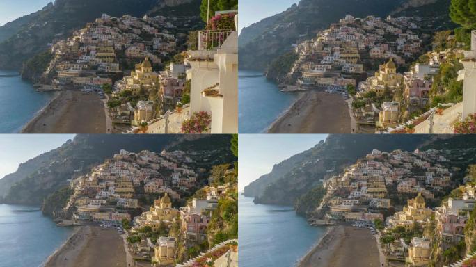 意大利萨勒诺阿马尔菲海岸波西塔诺村的HDR镜头。波西塔诺五颜六色的房子、教堂和海滩 -- 热门旅游目