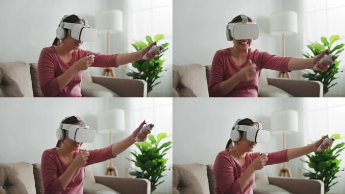 女子戴VR护目镜在家玩电玩射击