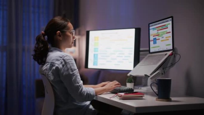 晚上在计算机上工作的亚洲妇女