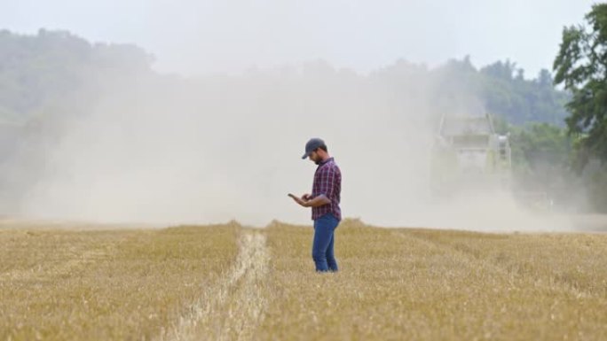 SLO MO Farmer使用数字平板电脑，同时联合收割机在背景中收获小麦