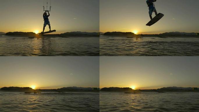 慢动作: 风筝冲浪者从海滩跳入大海
