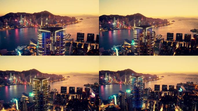 日落时香港城市景观的无人机视图