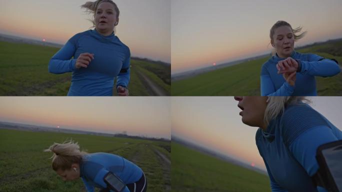 SLO MO女人在黄昏时在乡村的田野中慢跑后呼吸