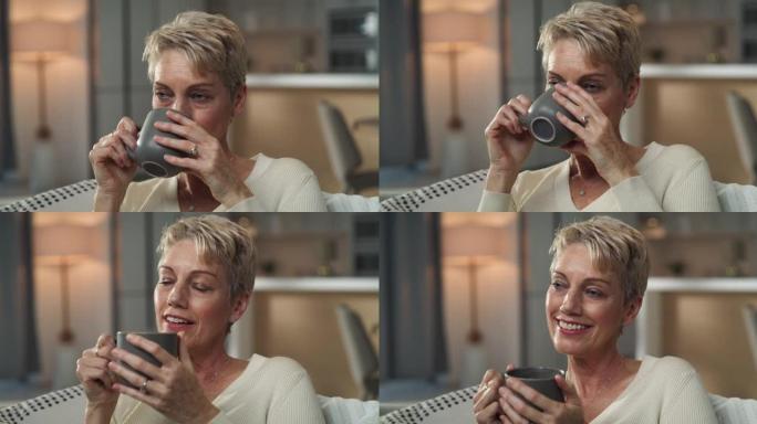 4k视频片段，一名高级妇女坐在家里喝杯咖啡
