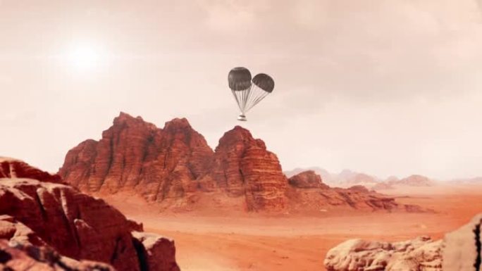 太空舱降落伞下降到火星表面