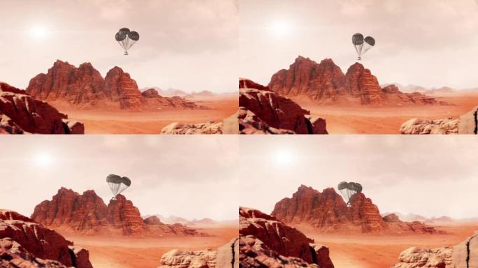 太空舱降落伞下降到火星表面