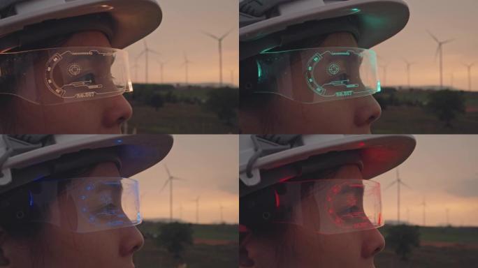 在风力涡轮机农场中戴着虚拟现实眼镜的工程师