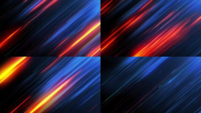 美丽的浅色条纹快速移动深蓝色背景与橙色火效果。像战场游戏风格的3d动画介绍。高速步道飞行。技术运动设